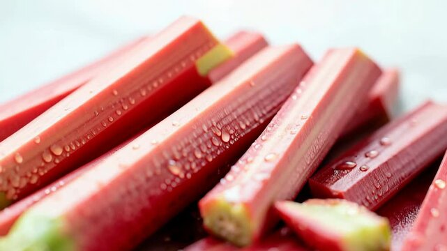 Fresh rhubarb stalks with water drops, isolated on white background