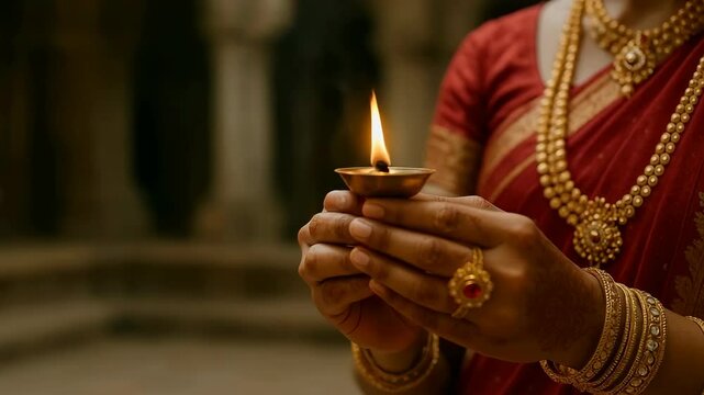 Indian woman wearing traditional red sari and gold jewelry holding diya