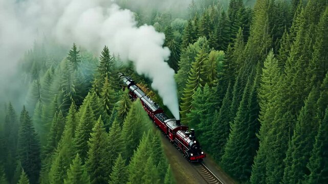 Steam locomotive travels through lush green forest, showcasing scenic railway adventure in tranquil nature landscape