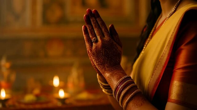 Close up of an Indian woman's hands joined in prayer, adorned with intricate henna tattoos, in a dimly lit temple