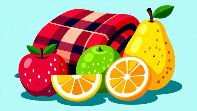 illustration various fruits vegetables arranged colorful appetizing manner side red apple white polka dots green leaf top next two slices orange yellow pear green stem leaves center apple appears