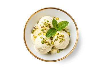 Vanilla ice cream scoops with pistachio and mint garnish in a bowl on white