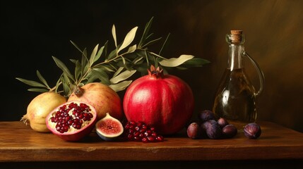 Still life of pomegranates figs olives and olive oil