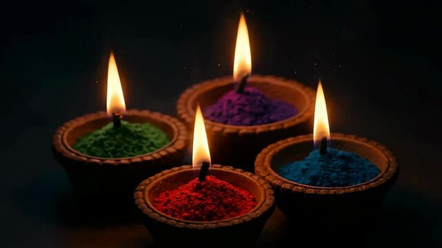 Traditional indian lamps filled with colored powders, burning in sequence
