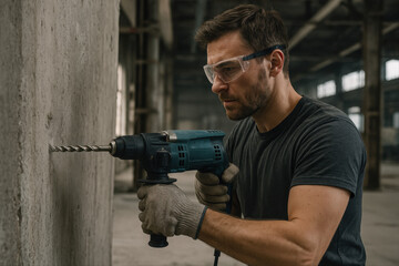 Homme concentré perçant un mur en béton avec une perceuse électrique dans un bâtiment en construction, portant des gants de sécurité et des lunettes de protection