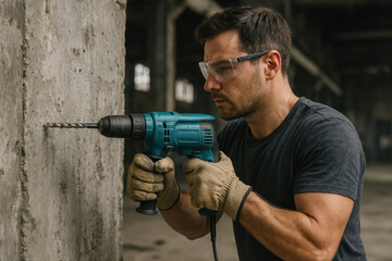 Homme concentré perçant un mur en béton avec une perceuse électrique dans un bâtiment en construction, portant des gants de sécurité et des lunettes de protection