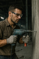 Homme concentr&eacute; per&ccedil;ant un mur en b&eacute;ton avec une perceuse &eacute;lectrique dans un b&acirc;timent en construction, portant des gants de s&eacute;curit&eacute; et des lunettes de protection
