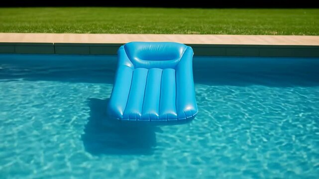 Inflatable mattress floating on the surface of clean water in a backyard pool