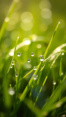 Fototapeta premium <Macro Close-Up Photography of Vibrant Dewdrops on Fresh Green Grass Blades in Morning Sunlight – Embrace Nature's Tranquil Harmony and Rejuvenation>