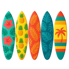 Summer surfboard elements clipart set. Colorful surfing board clip art collection with printed pattern for holiday season 