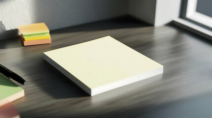 A blank sticky note pad placed on a desk. The side is open for branding. Clean and simple design, realistic texture. 