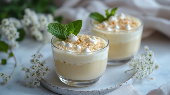 Creamy dessert in glasses garnished with meringue