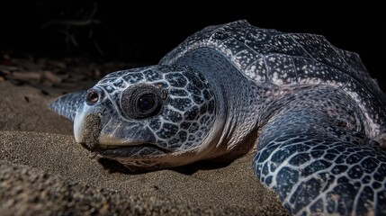 Obraz premium Nocturnal Kemp's Ridley Sea Turtle Hatchling on Sandy Beach