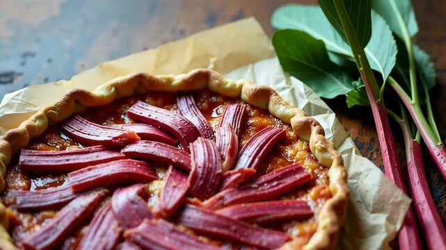 Freshly baked rhubarb pie decorated with a spiral pattern of rhubarb stalks