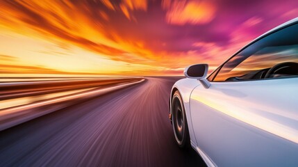 White car driving fast on road with colorful sunset sky background.