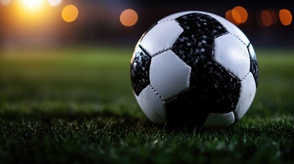 Fototapeta premium Classic black and white soccer ball resting on the green grass of a stadium pitch at night under bright lights.