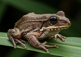 Obraz premium Close up of a brown frog sitting on a green leaf