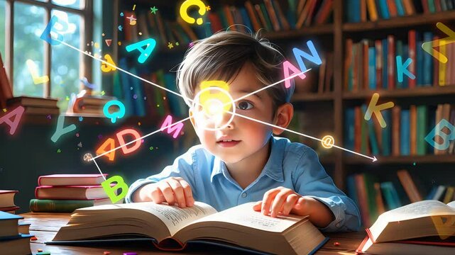 Young boy reading magical book with glowing alphabet flying through library