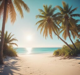Sun-drenched palm trees, soft sand, turquoise ocean  Vintage film grain, light leak ,  peaceful,  sand