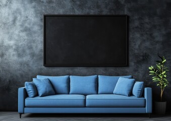 Stylish Living Room with Blue Sofa and Empty Picture Frame