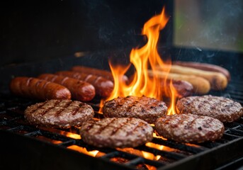Burgers and hotdogs cooking on a summer bbq grill with flames