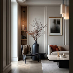 Aesthetic beautiful elegant  modern luxury interior design. Clear mock up empty wall for decoration in the apartment, painting frame. Copy space in the room.