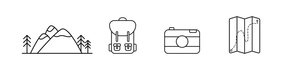Black line icons of mountains, backpack, camera, and map, designed in minimalist style for hiking, exploration, and travel concepts.
