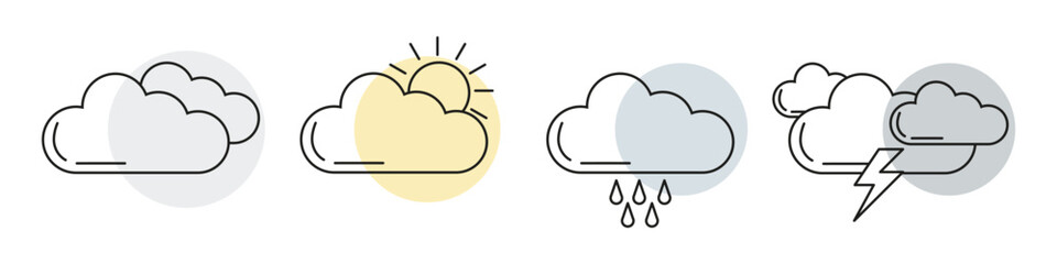Set of modern line-style weather icons showing cloudy, partly sunny, rainy, and stormy conditions, useful for apps, websites, and forecasts.
