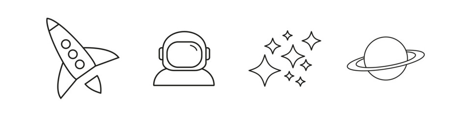Minimal black line space icons including rocket, astronaut, stars, and planet with rings—perfect for science or exploration themes.