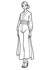 Fashion Coloring Page of a Woman Posing in Stylish Outfit  