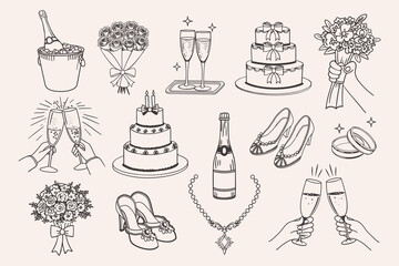 Wedding set. Hand drawn doodle icons of champagne, cake, rings and flower bouquets. Ink doodle sketch. Vintage illustrations for wedding invitations, menu and parties.