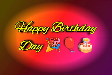 colorful happy birthday greeting with emojis and neon background