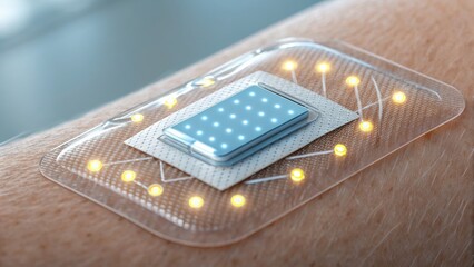 A high-tech smart patch with glowing lights is attached to human skin, representing wearable health technology.