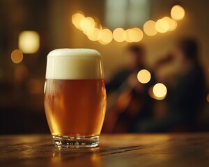 A frothy beer glass on a wooden surface with blurred musicians playing in the background, creating a calm atmosphere 