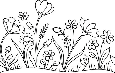 Hand Drawn Floral Background With Flowers And Leaves In Doodle Style Vector Illustration