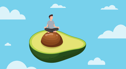 Avocado meditation wellness health lifestyle mindfulness zen healthy eating wellbeing food illustration sky clouds