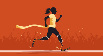 Woman runner with prosthetic legs crossing finish line marathon race disability sport achievement success