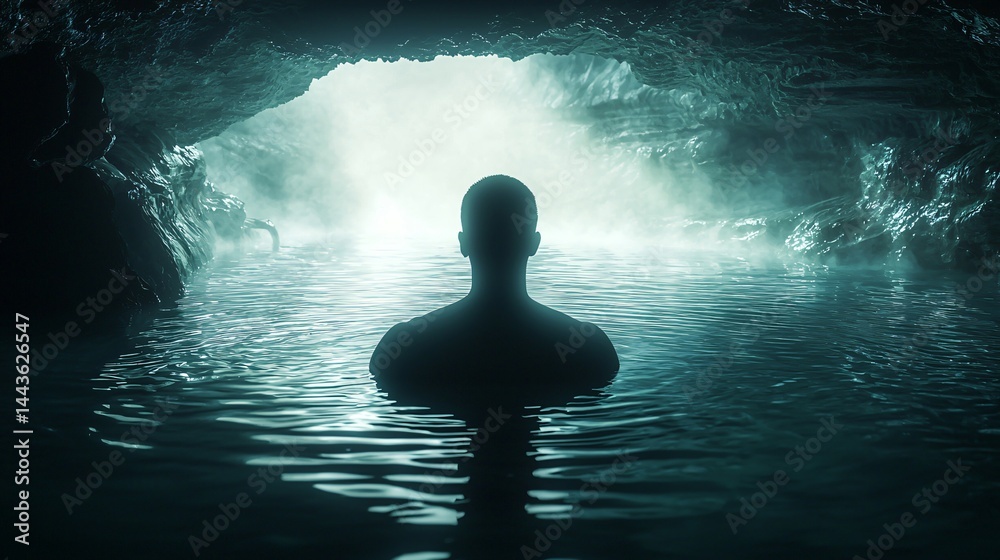 Poster playful duck swimming in a hidden cave with soft light filtering through the water creating a unique