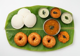 South indian breakfast with idli, vada, sambar, and chutney on banana leaf