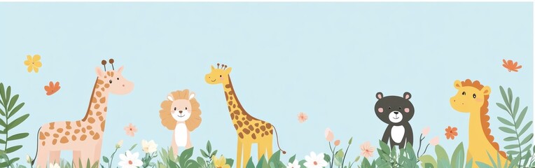 Naklejka premium Cute Cartoon Animals in a Floral Garden