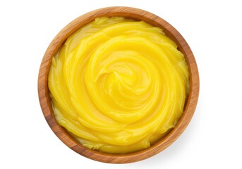 Ghee in a wooden bowl, clarified butter used in indian cuisine
