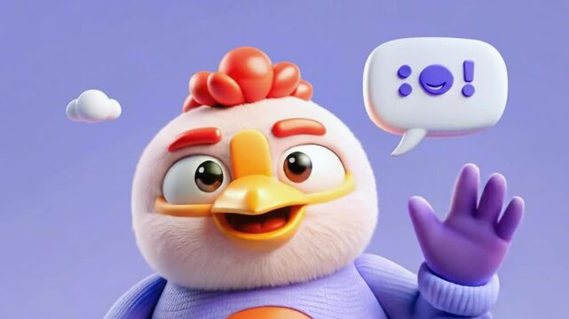 "Cheerful 3D Pink Chicken Cartoon &ndash; Fluffy Animated Character in Purple Sweater with Speech Bubble"
