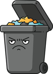 Angry gray trash bin with open lid filled with colorful garbage vector illustration