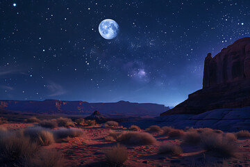 Obraz premium Serene desert landscape under starry night sky with bright full moon illuminating
