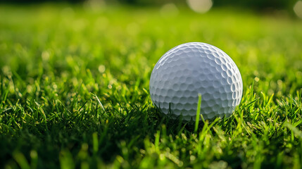 Obraz premium A blank white golf ball resting on green grass. The side is open for branding. Smooth texture, realistic dimples, premium quality. 