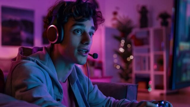 Gamer guy talking with teammates during gameplay