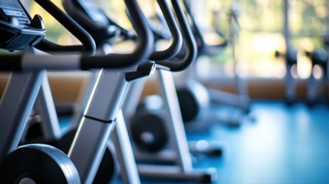 Row of stationary exercise bikes in a gym