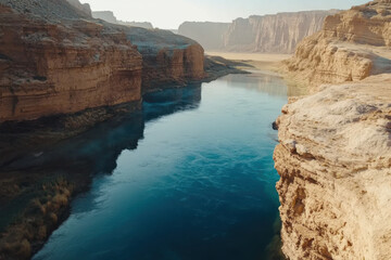 Colorado river flowing through steep canyon walls in arizona at sunrise