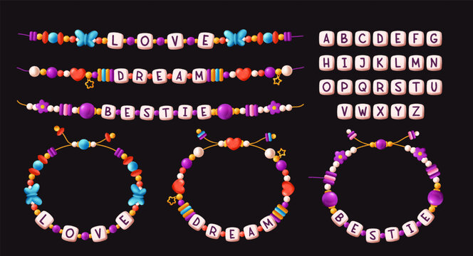 Set of plastic bead bracelets. Cute children accessories with letters and charms in shape of heart or flower. Braided Handmade Friendship Bracelets. Cartoon vector illustration isolated on background