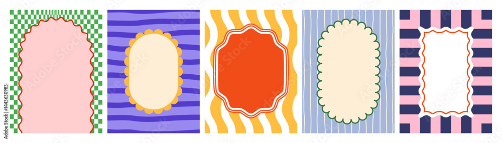 Poster Wavy Frames with Scallop Borders. Vector Rectangles with Wave Edges. Fun Frame Boxes on Cute Groovy Patterns. Abstract Retro Squiggle Shapes